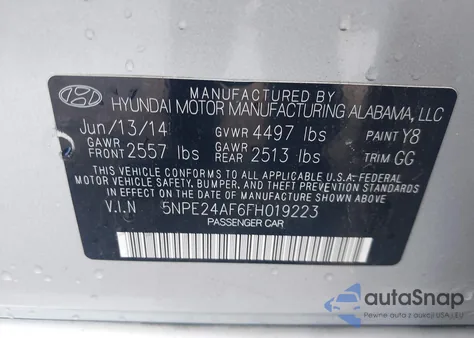 2015 Hyundai Sonata Se from USA, damaged, VIN 5NPE24AF6FH019223